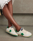 Women's White Nappa Leather Sneakers with Green Good Luck Star