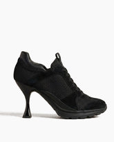 Suede Overlay Mesh Casual High-Heel Sneakers-Black