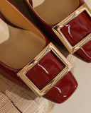 Women's Gold Square Buckle Square Toe Patent Pumps