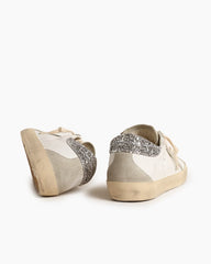 White Nappa Leather Sneakers with Gray Star and Silver Glitter Heel Tab