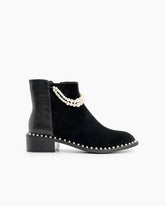 Pearls Chain Round Toe Chunky Heel Ankle Boots
