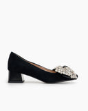 Rhinestone Bow Chunky Low Heels Slip on Comfy Pumps