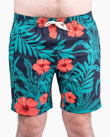 Men's Swim Beach Trunks - Green& Red Flower