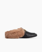 Women's Classic Metal Buckle Backless Fur Flat Slippers Mules