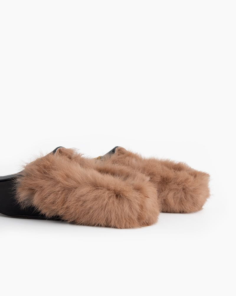 Women's Classic Metal Buckle Backless Fur Flat Slippers Mules