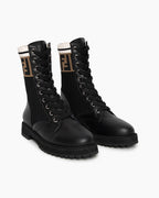 Women's Black Leather & Knit Combat Boots