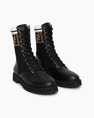 Women's Black Leather & Knit Combat Boots