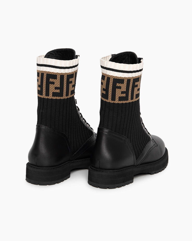 Women's Black Leather & Knit Combat Boots