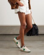 Women's White Nappa Leather Sneakers with Green Good Luck Star