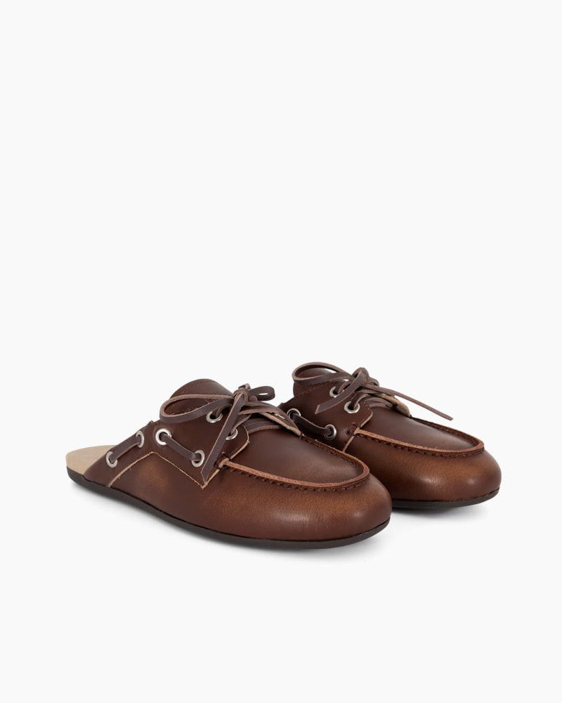 Women's Boat Shoes Brown Leather and Suede Mules