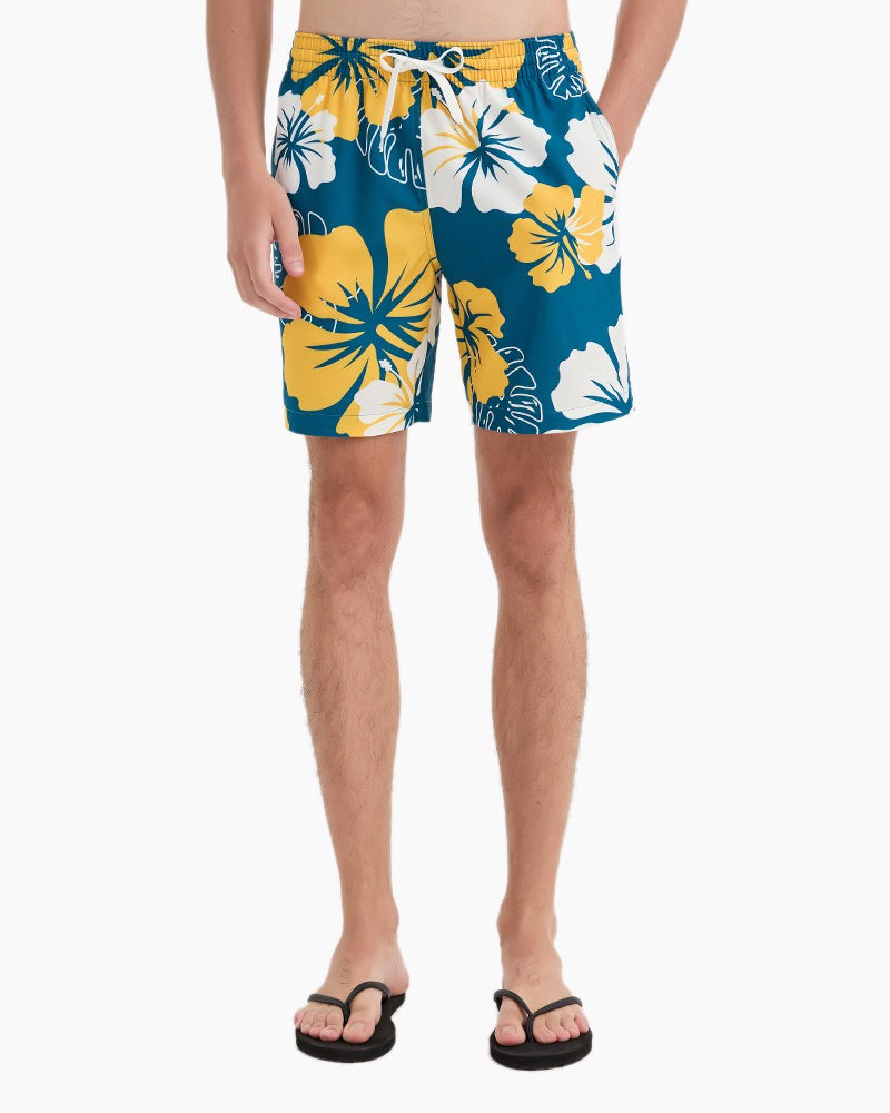 Men's Swim Beach Trunks - White Yellow Flower