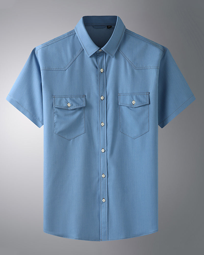 Oversized Denim Double Pocket Short Sleeve Shirt