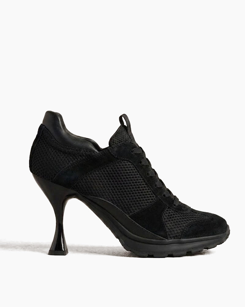 Suede Overlay Mesh Casual High-Heel Sneakers-Black