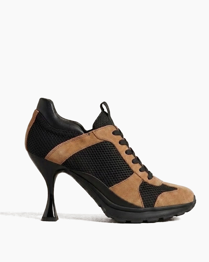 Suede Overlay Mesh Casual High-Heel Sneakers-Black
