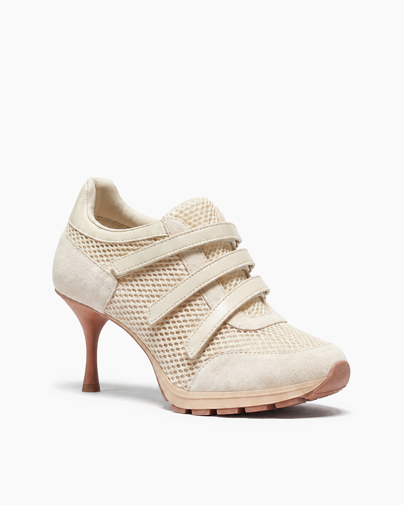 Triple-Strap Breathable Mesh High Heel Sneakers-Khaki
