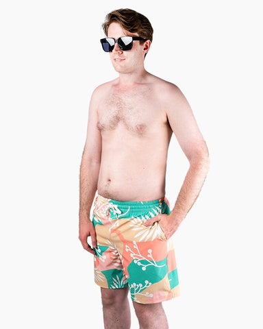 Men's Swim Beach Trunks - White Leaves