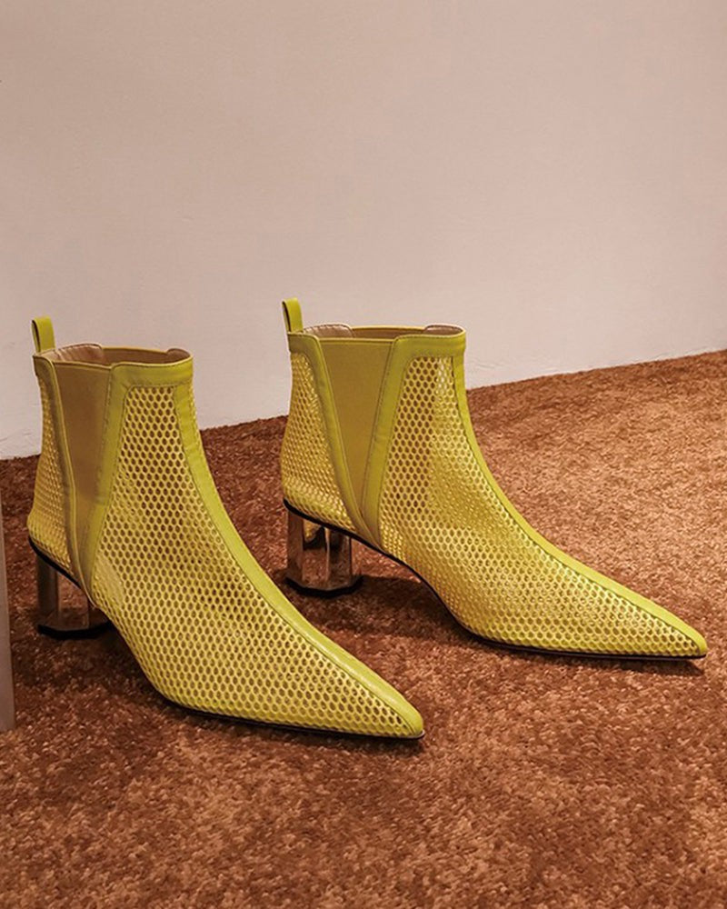 Pointed Hollow Mesh Thick Heels Boots