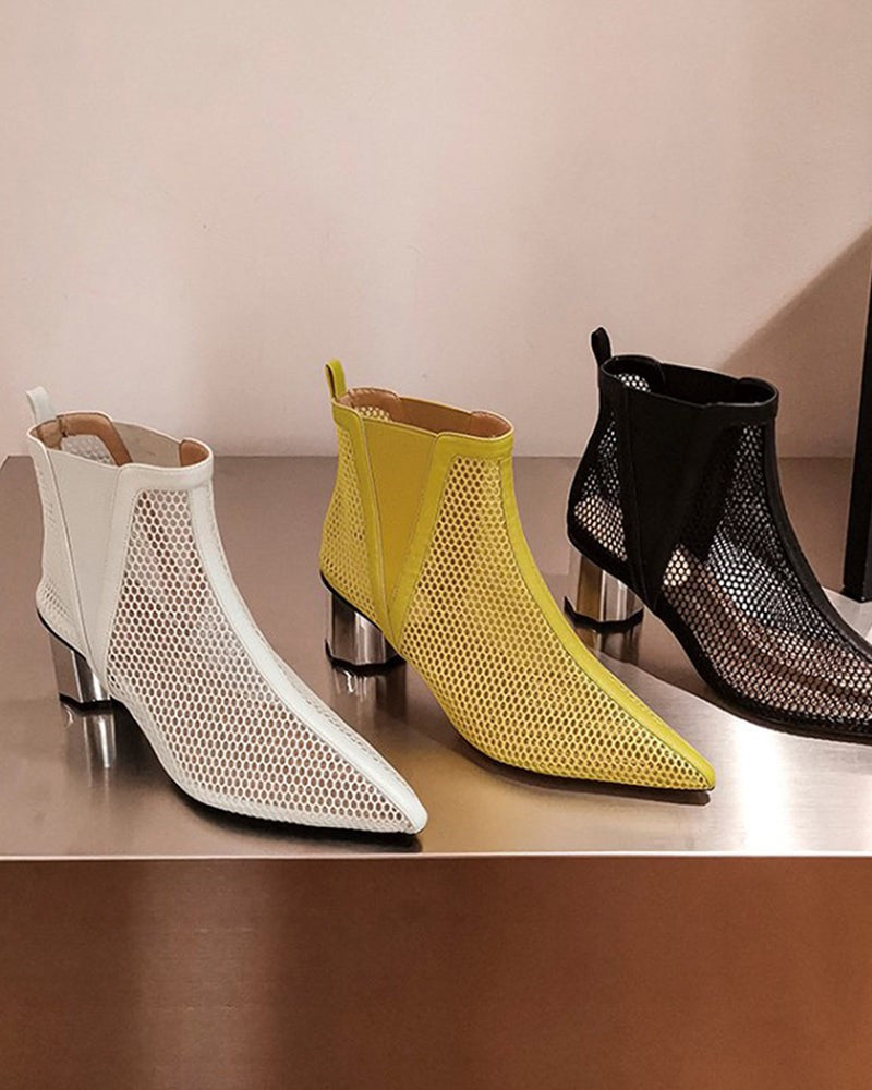 Pointed Hollow Mesh Thick Heels Boots