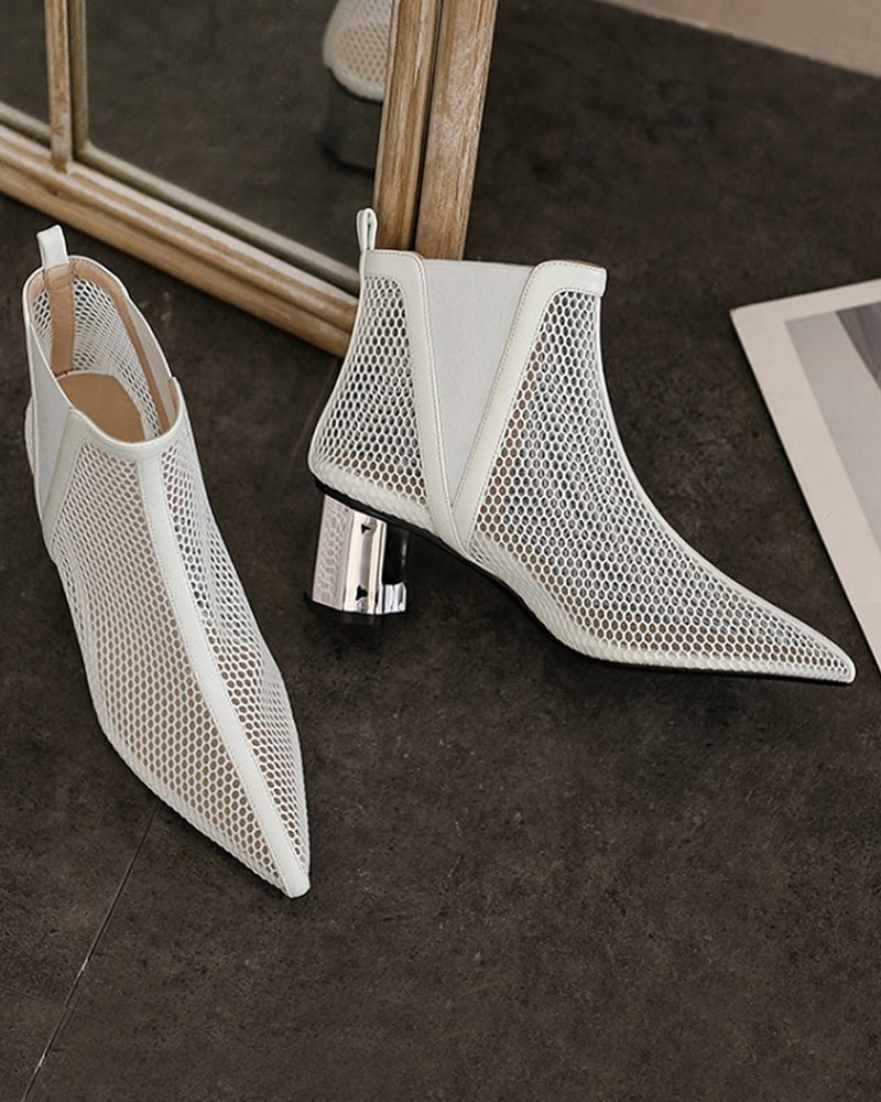 Pointed Hollow Mesh Thick Heels Boots