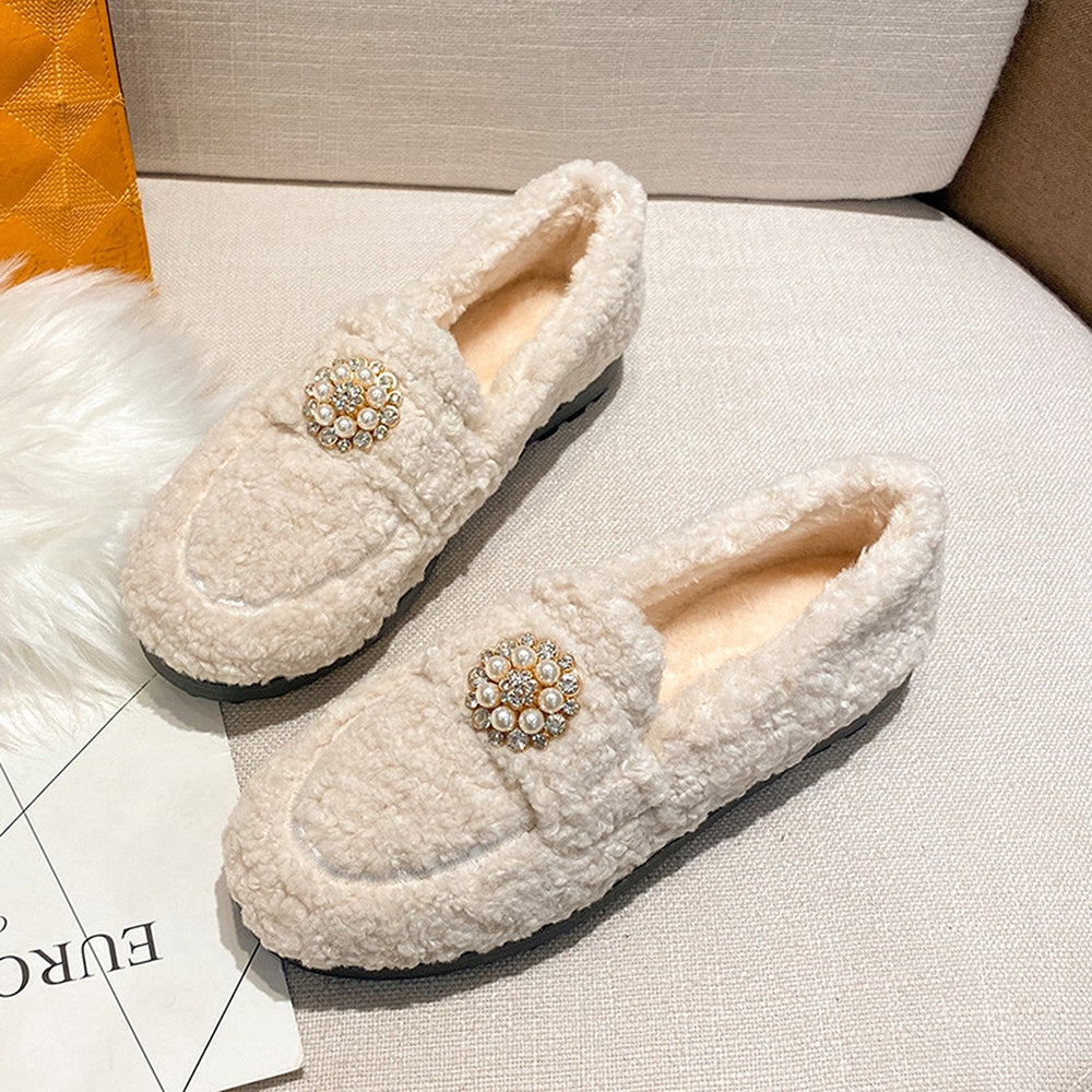 Pearl-Embellished Elegant Fuzzy Flat Loafers
