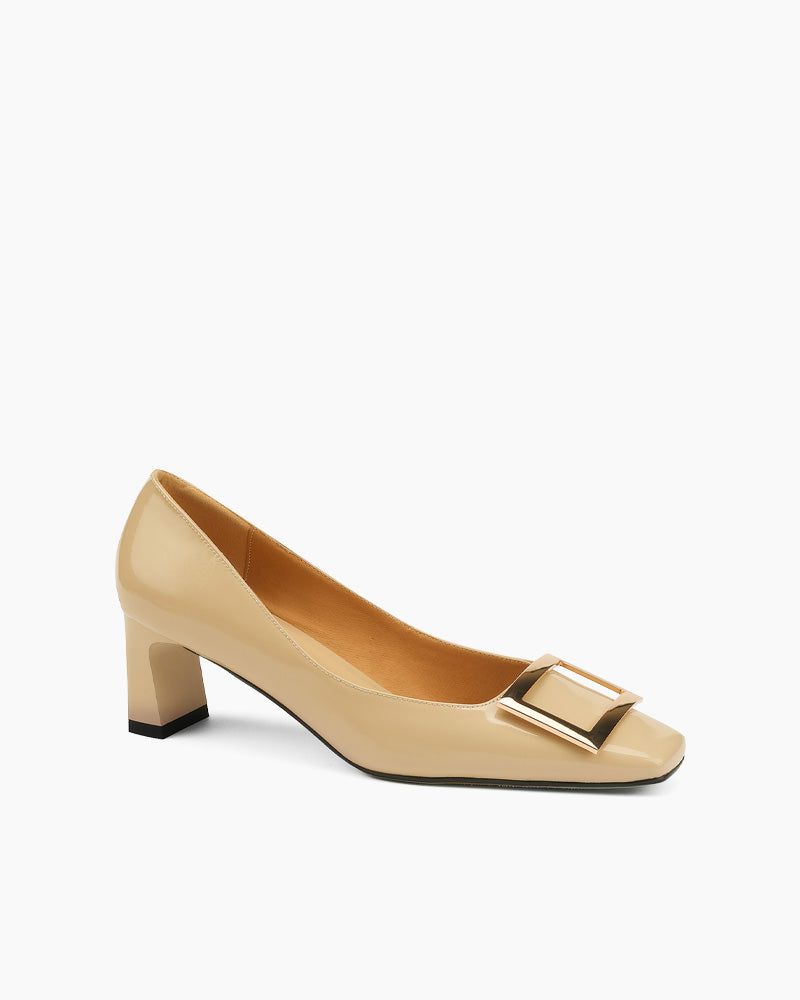 Women's Gold Square Buckle Square Toe Patent Pumps