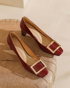 Women's Gold Square Buckle Square Toe Patent Pumps