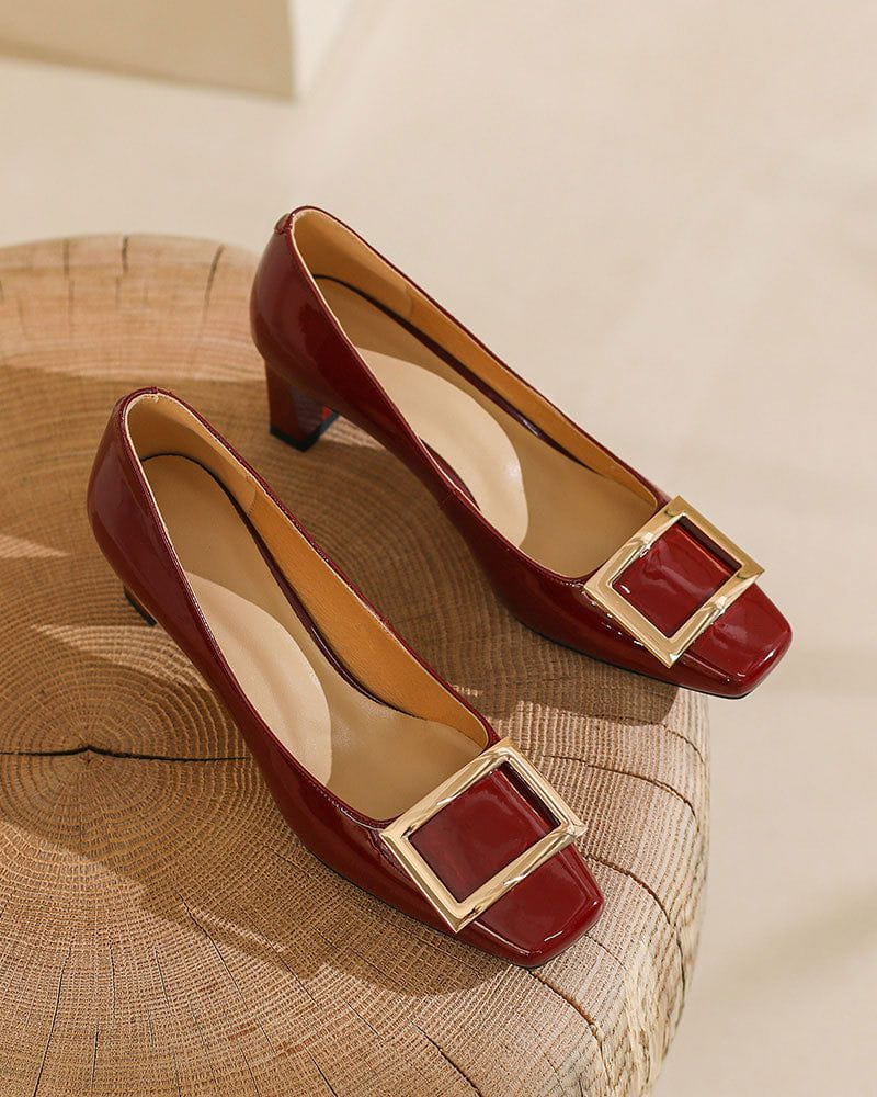 Women's Gold Square Buckle Square Toe Patent Pumps