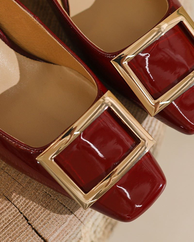 Women's Gold Square Buckle Square Toe Patent Pumps