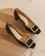 Women's Gold Square Buckle Square Toe Patent Pumps