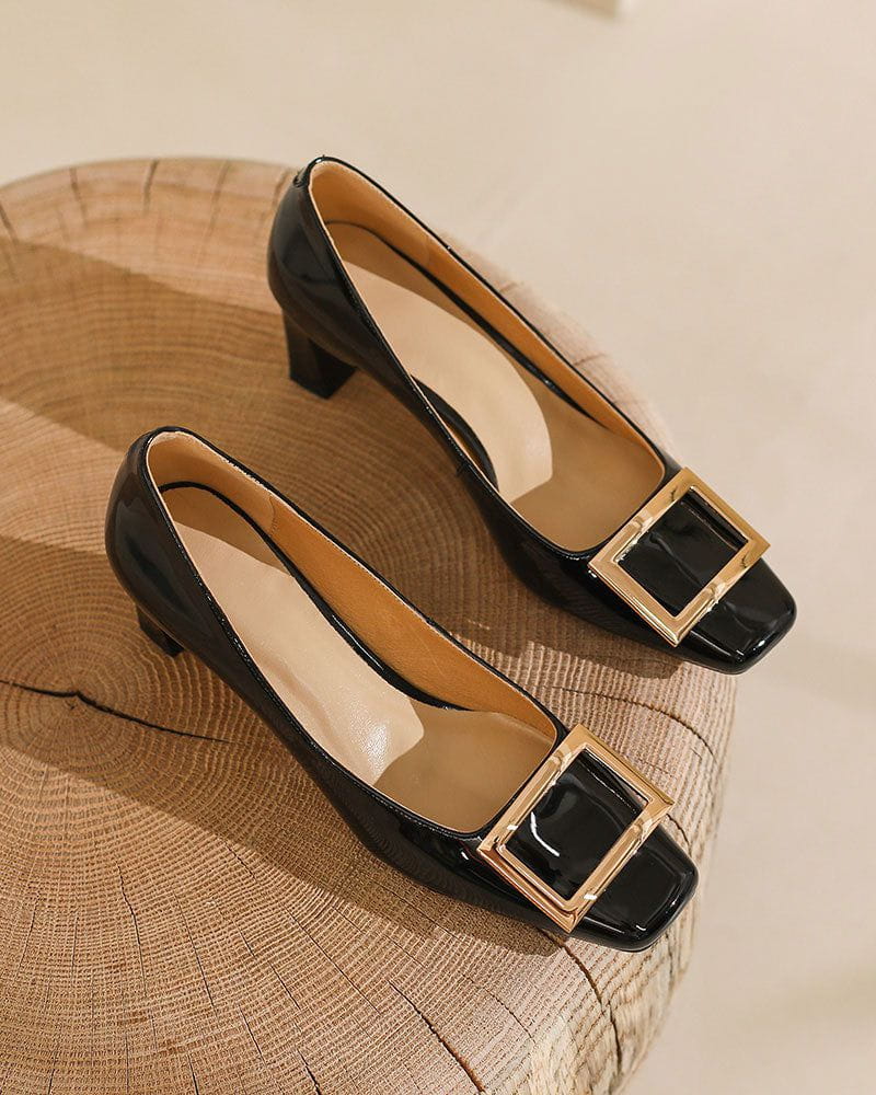 Women's Gold Square Buckle Square Toe Patent Pumps