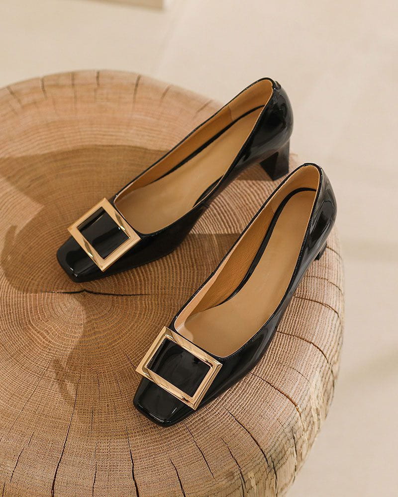 Women's Gold Square Buckle Square Toe Patent Pumps