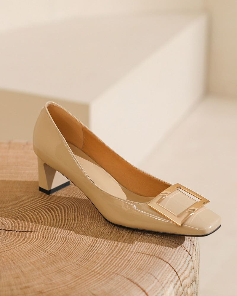 Women's Gold Square Buckle Square Toe Patent Pumps