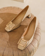 Women's Gold Square Buckle Square Toe Patent Pumps