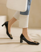 Women's Gold Square Buckle Square Toe Patent Pumps