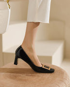 Women's Gold Square Buckle Square Toe Patent Pumps