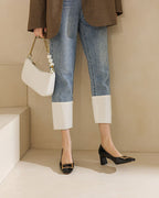 Women's Gold Square Buckle Square Toe Patent Pumps