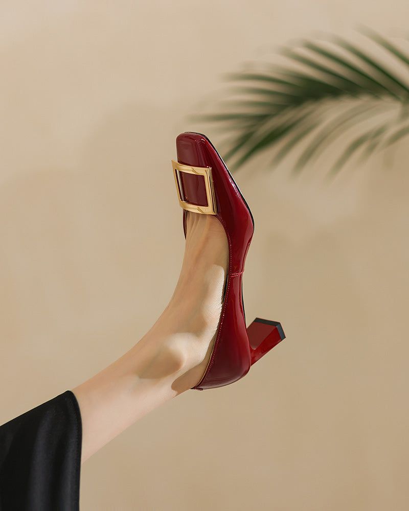 Women's Gold Square Buckle Square Toe Patent Pumps