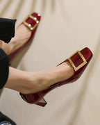 Women's Gold Square Buckle Square Toe Patent Pumps