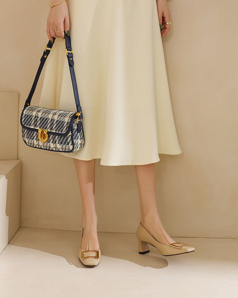 Women's Gold Square Buckle Square Toe Patent Pumps