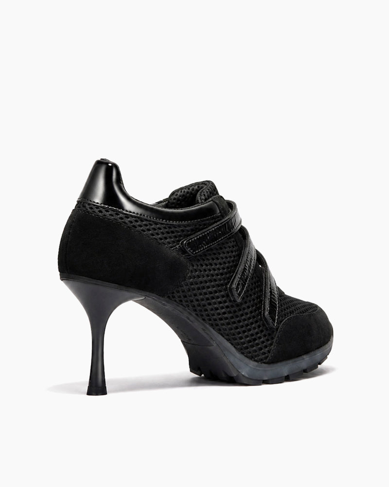 Triple-Strap Breathable Mesh High Heel Sneakers-Black