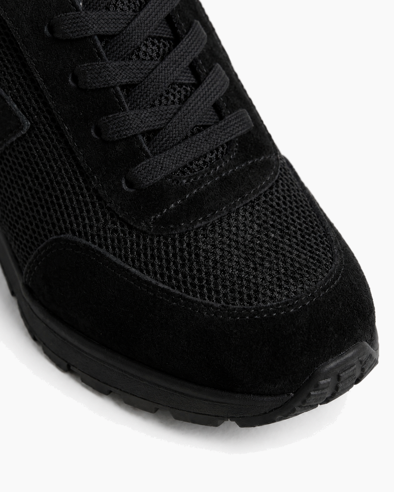 Suede and Mesh Lace-Up High-Heel Sneakers-Black
