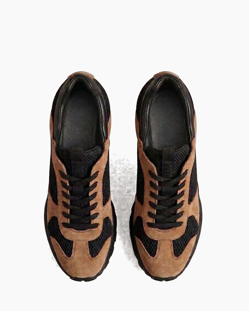 Suede Overlay Mesh Casual High-Heel Sneakers-Black