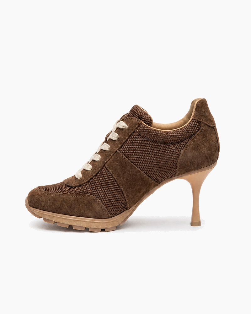 Suede and Mesh Lace-Up High-Heel Sneakers-Black