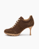 Suede and Mesh Lace-Up High-Heel Sneakers-Mocha