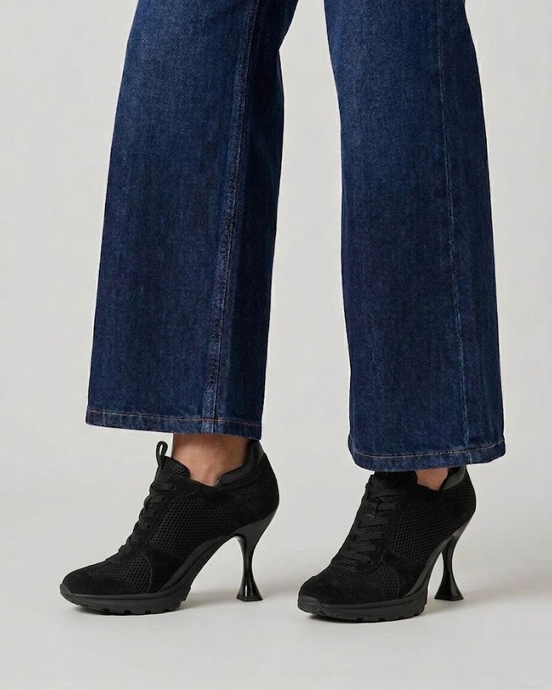 Suede Overlay Mesh Casual High-Heel Sneakers-Black