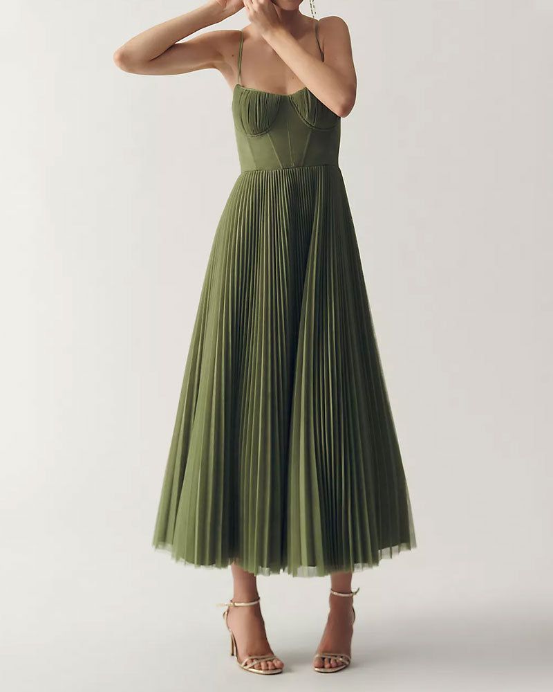 Corset Pleated Tulle Fit & Flare Midi Dress