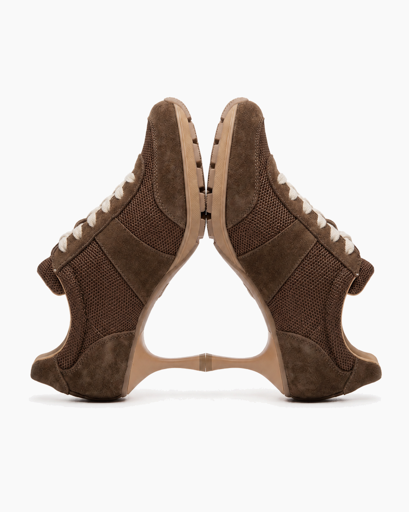 Suede and Mesh Lace-Up High-Heel Sneakers-Black