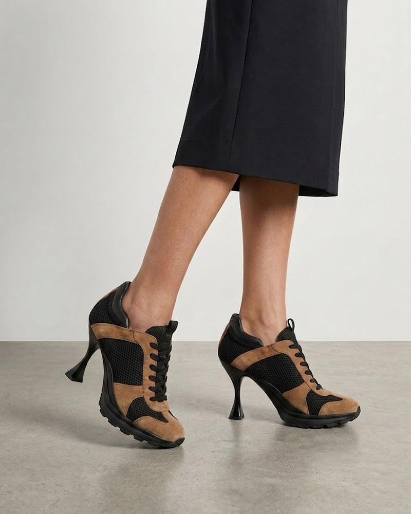 Suede Overlay Mesh Casual High-Heel Sneakers-Black