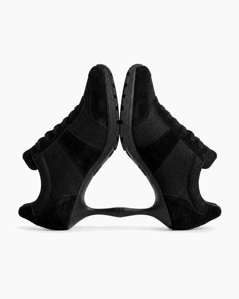 Suede and Mesh Lace-Up High-Heel Sneakers-Black