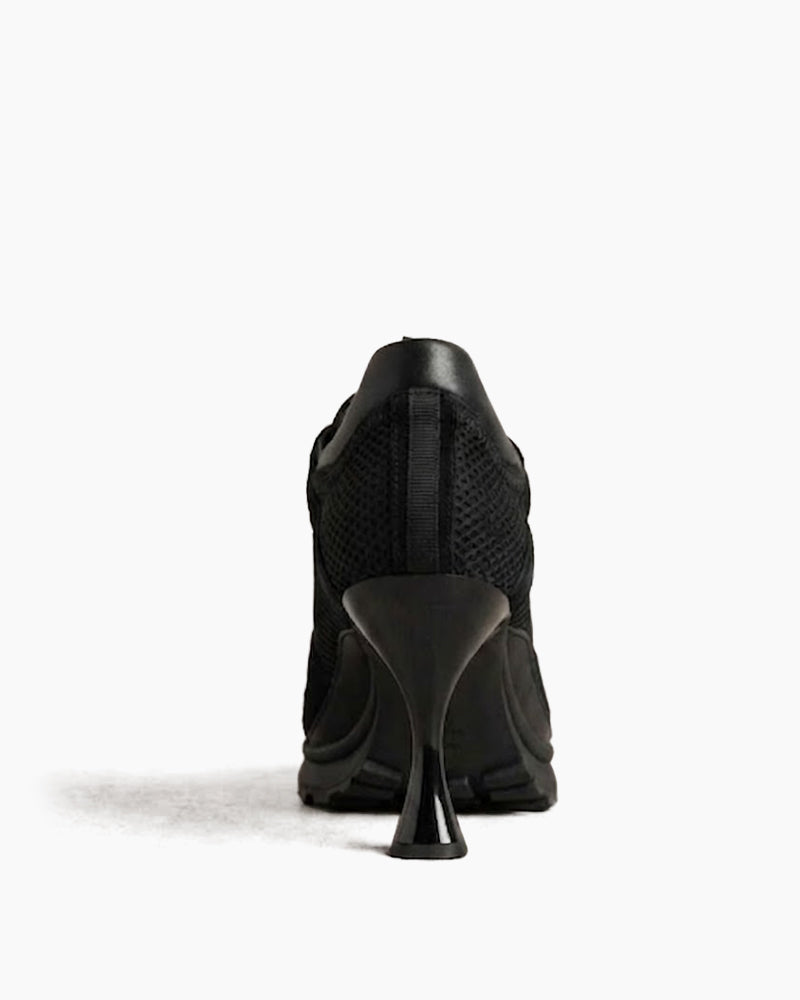Suede Overlay Mesh Casual High-Heel Sneakers-Black